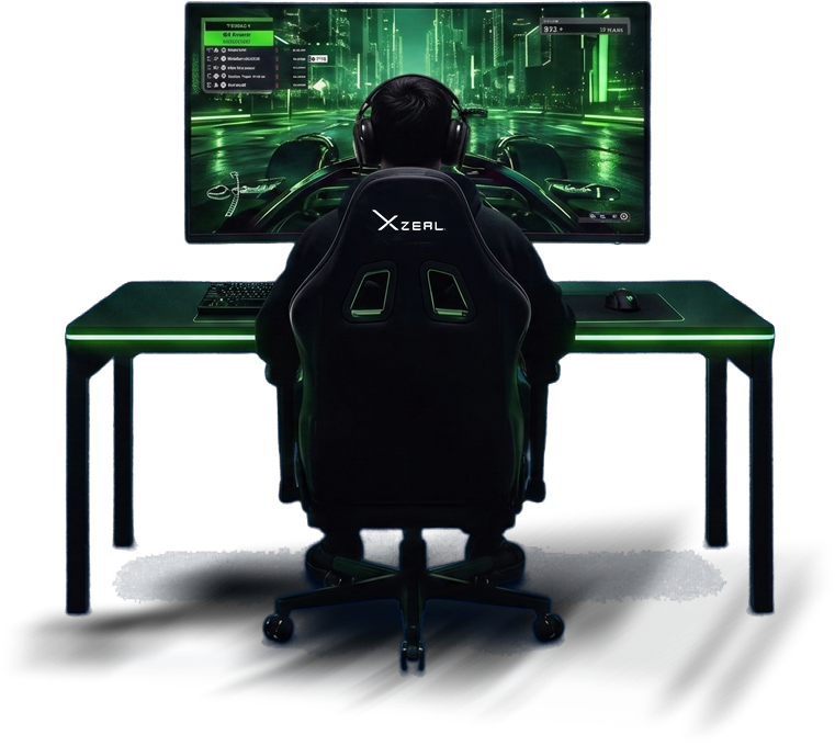 Gamer frente a un monitor Xzeal en un escritorio con luz verde