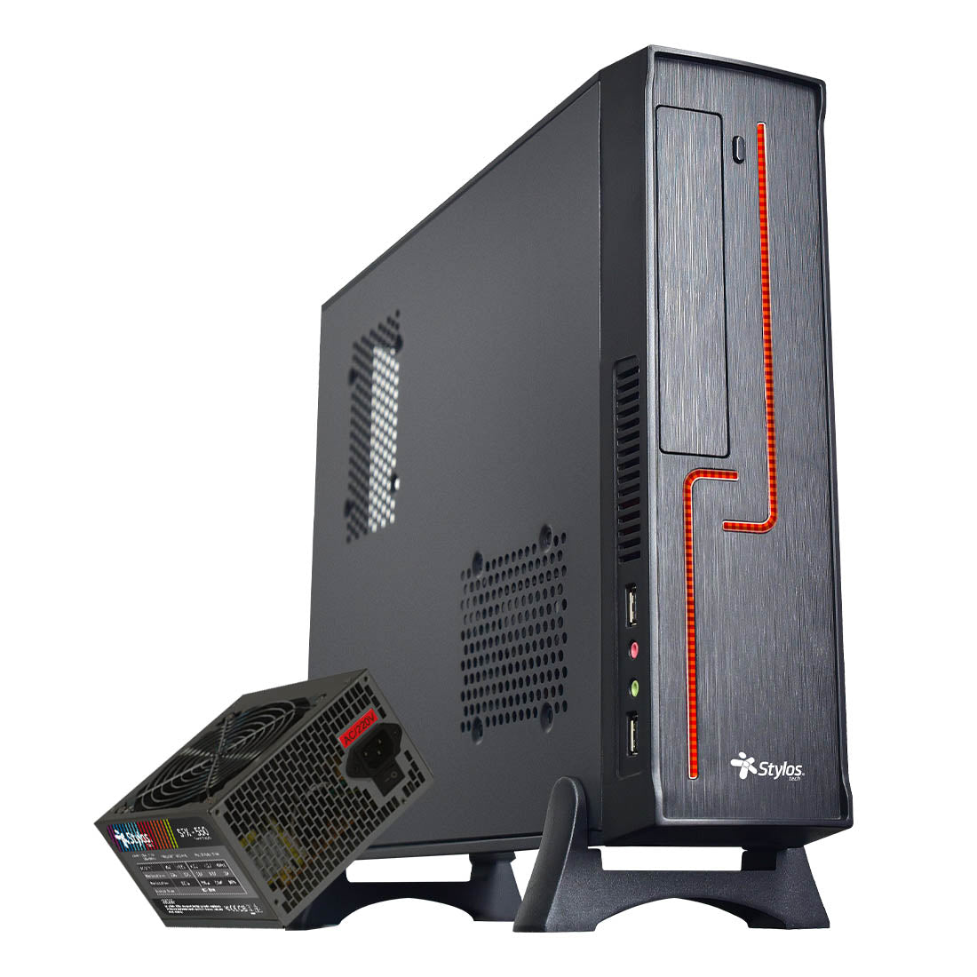 Gabinete Oficina Keelan Slim ITX Stylos 2xUSB 1.0+ puerto 3.5mm+línea roja con fuente de poder 550W