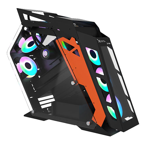 Gabinete Gamer Micro Tower Xzeal IR01 M-ATX Panel Izq. Vidrio + Panel Der. Vidrio + Metal 1xUSB1.0 + 1xUSD3.0 + 3.5 mm + 4 ARGB Fans + 1 HUB Negro con Naranja