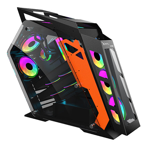 Gabinete Gamer Micro Tower Xzeal IR01 M-ATX Panel Izq. Vidrio + Panel Der. Vidrio + Metal 1xUSB1.0 + 1xUSD3.0 + 3.5 mm + 4 ARGB Fans + 1 HUB Negro con Naranja