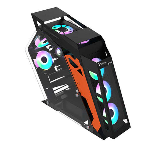 Gabinete Gamer Micro Tower Xzeal IR01 M-ATX Panel Izq. Vidrio + Panel Der. Vidrio + Metal 1xUSB1.0 + 1xUSD3.0 + 3.5 mm + 4 ARGB Fans + 1 HUB Negro con Naranja