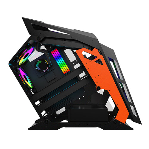 Gabinete Gamer Micro Tower Xzeal IR01 M-ATX Panel Izq. Vidrio + Panel Der. Vidrio + Metal 1xUSB1.0 + 1xUSD3.0 + 3.5 mm + 4 ARGB Fans + 1 HUB Negro con Naranja