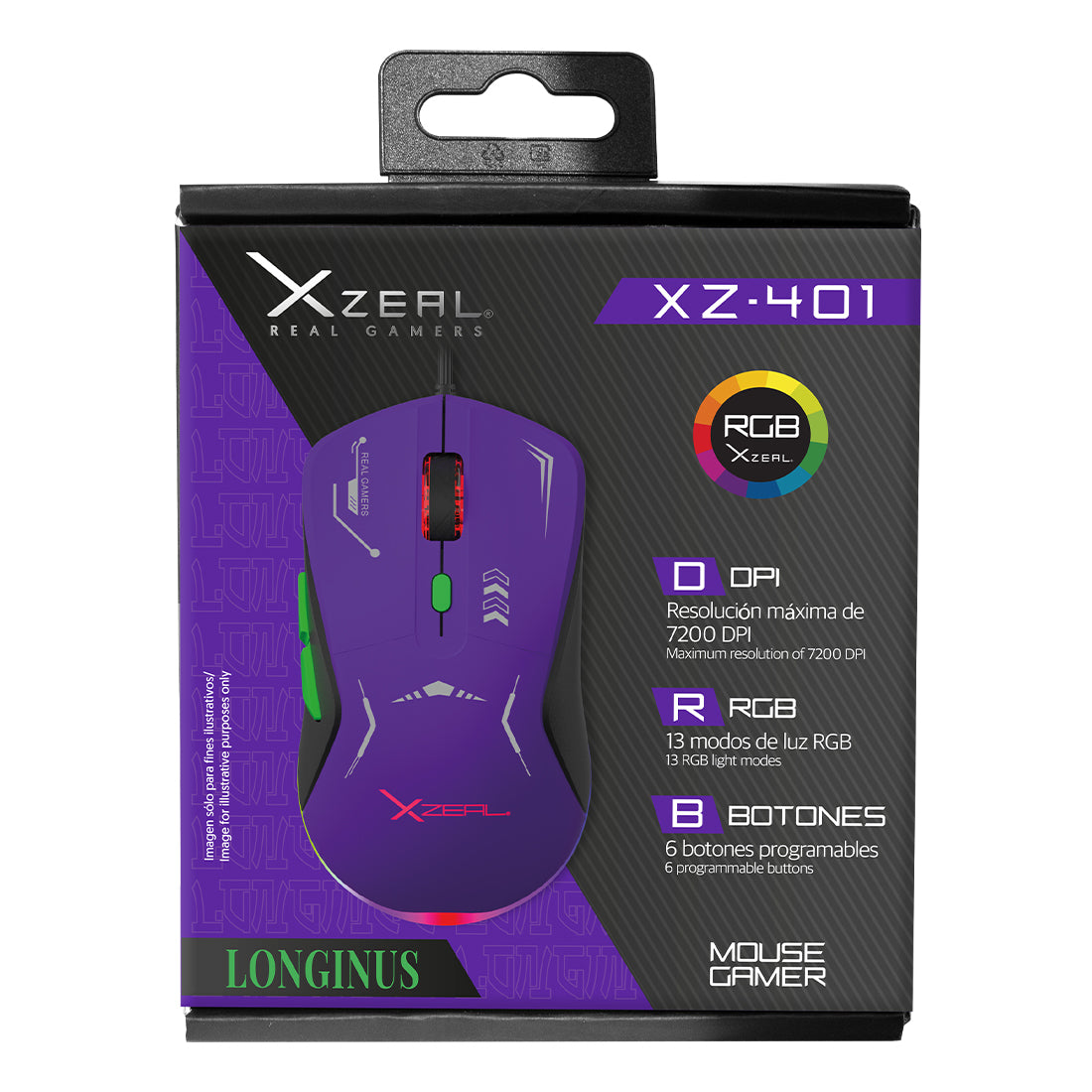 Mouse Gamer XZ-401 Alámbrico Morado-Verde