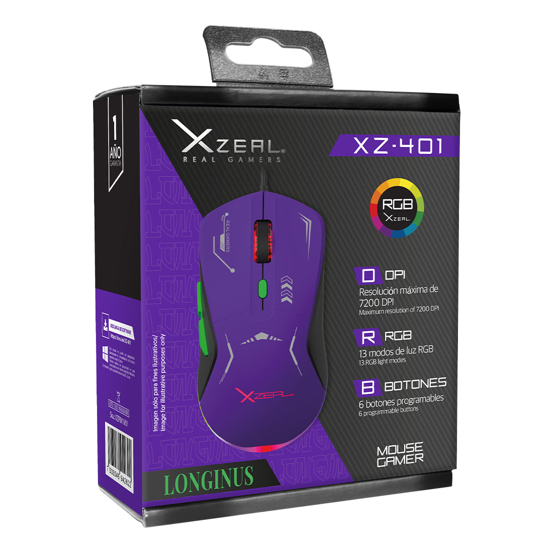 Mouse Gamer XZ-401 Alámbrico Morado-Verde