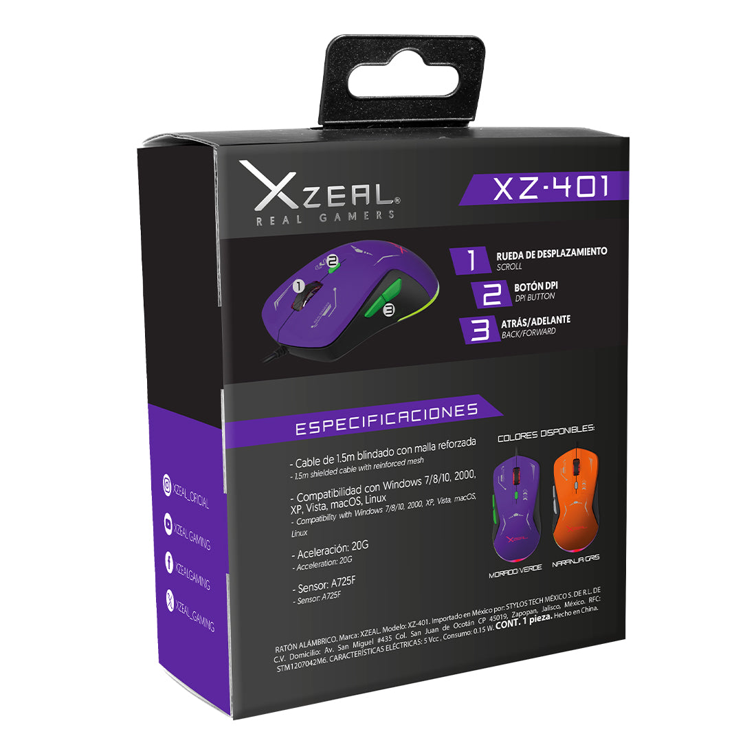 Mouse Gamer XZ-401 Alámbrico Morado-Verde