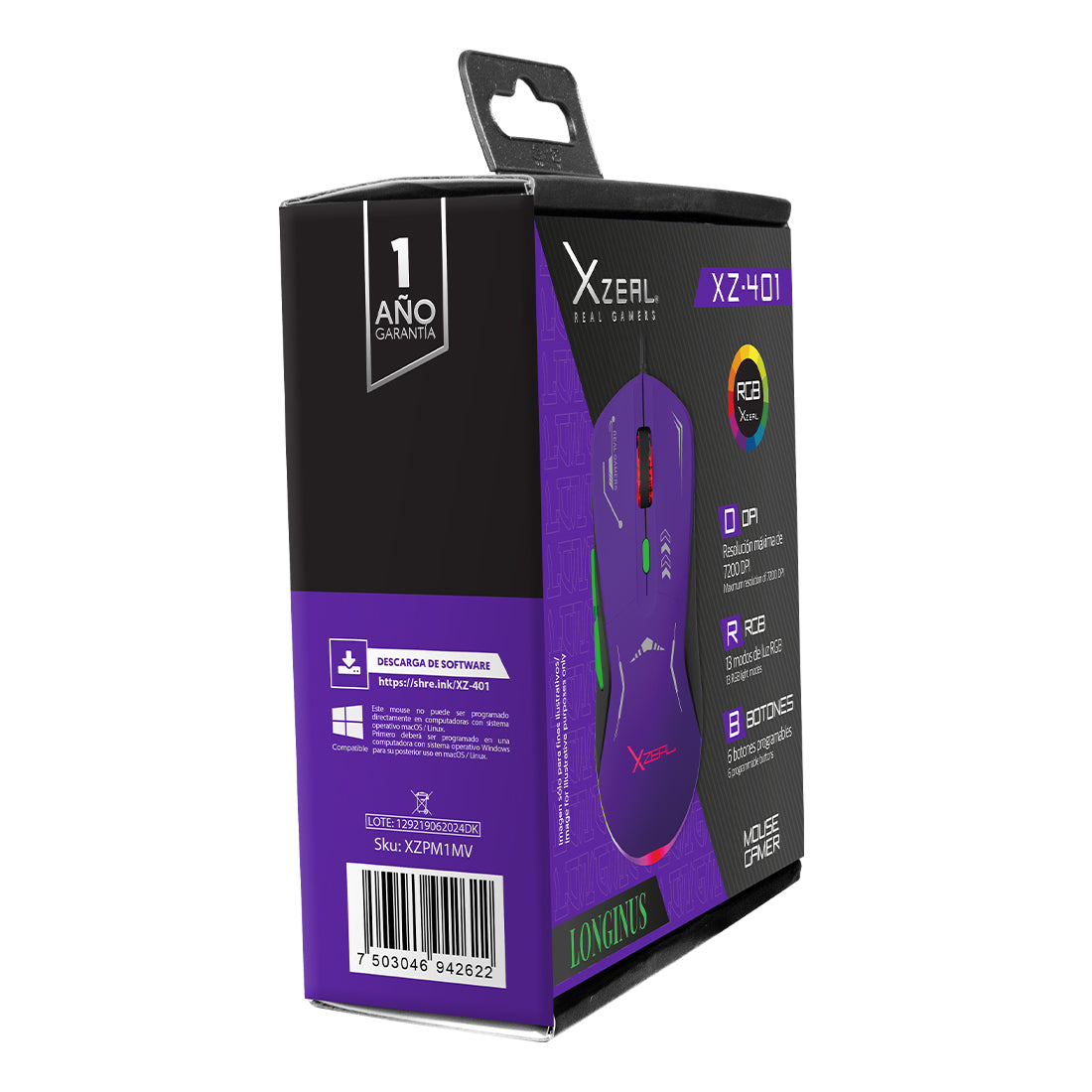 Mouse Gamer XZ-401 Alámbrico Morado-Verde
