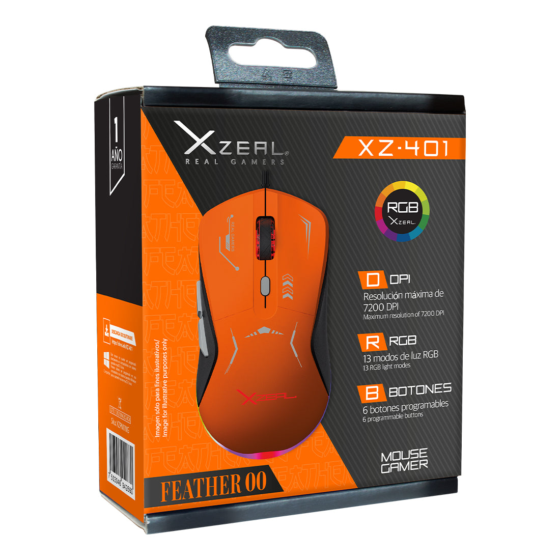 Mouse Gamer XZ-401 Alámbrico Naranja-Gris