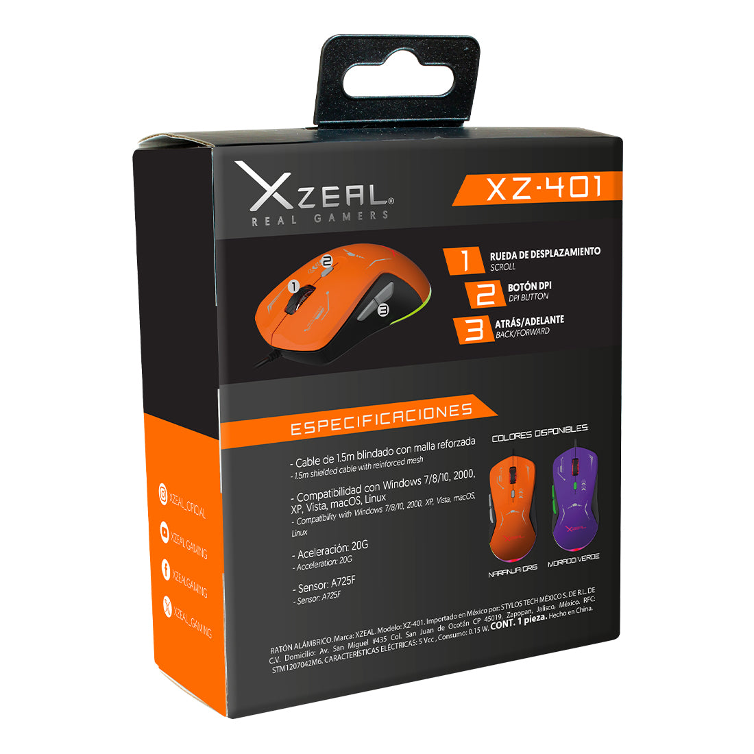 Mouse Gamer XZ-401 Alámbrico Naranja-Gris