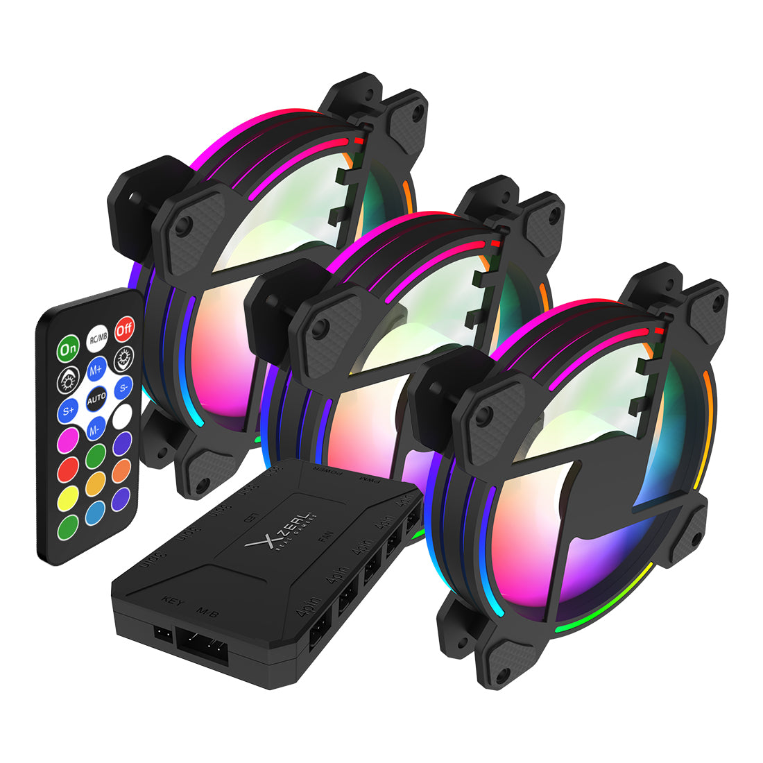 Kit de 3 Ventiladores ARGB con Hub controlador Color Negro