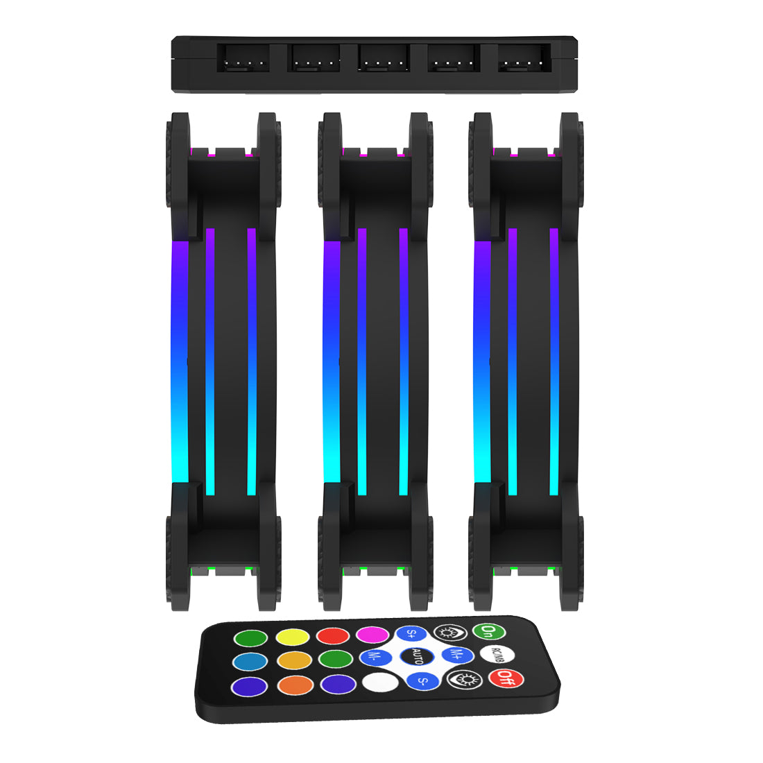 Kit de 3 Ventiladores ARGB con Hub controlador Color Negro